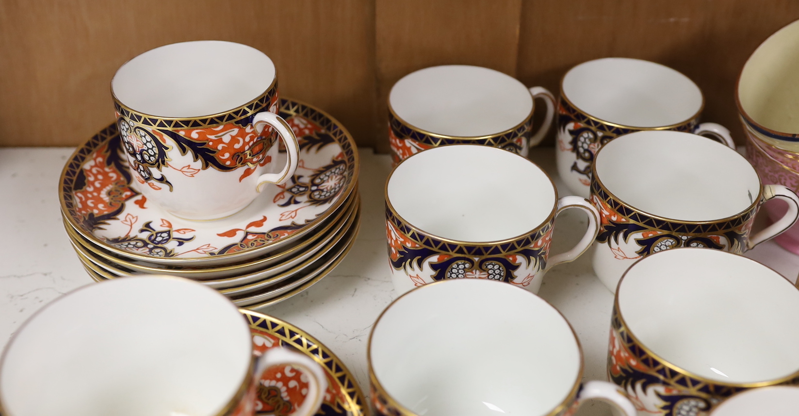 A Royal Crown Derby Imari pattern 1270 part coffee set and Royal Worcester coffee cans etc.